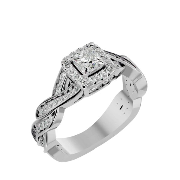 Princess Cut Double Twisted Pinpointed-Set Diamond Halo Engagement Ring