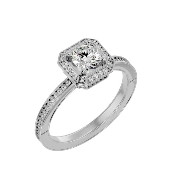 Round Cut Bar Edge Invisible Halo Pinpointed-Set Diamond Engagement Ring