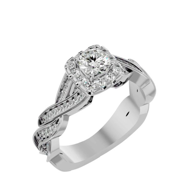 Round Cut Double Twisted Pinpointed-Set Diamond Square Halo Engagement Ring