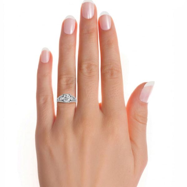 Josephine Round Cut Split Band Pear Side Stone Halo Pave-Set Diamond Three Stone Engagement Ring