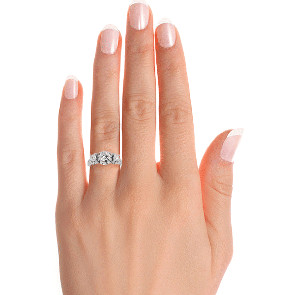 Round Cut Three Stone Triple Halo Scallop-Set Diamond Engagement Ring