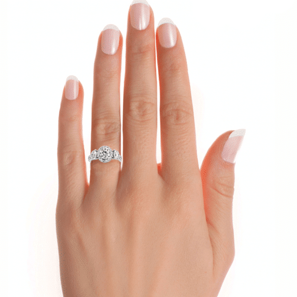Round Cut Halo Pave-Set Diamond Three Stone Engagement Ring